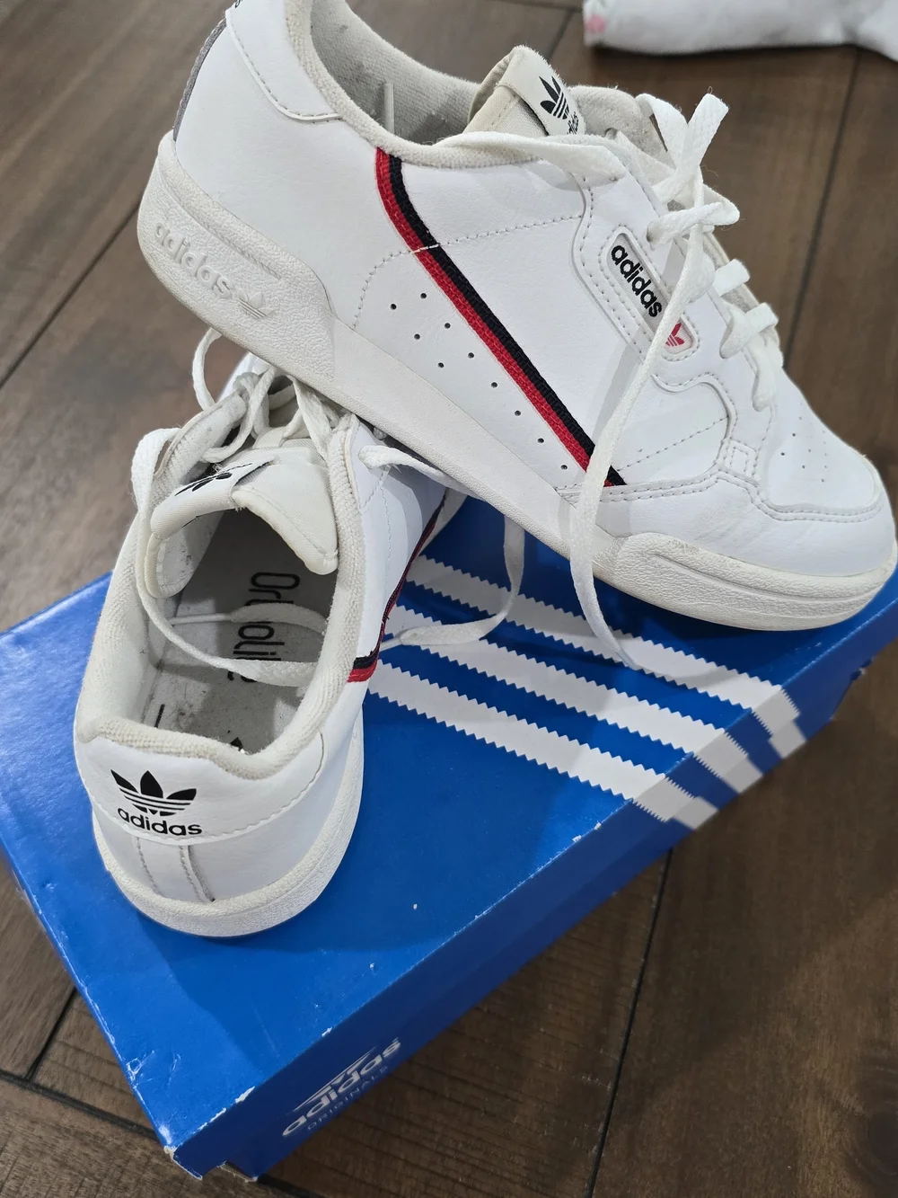 adidas Kids White Leather Sneakers with Red & Navy Stripe